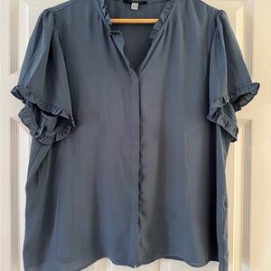 T Tahari Blue Ruffled Short Sleeve Blouse